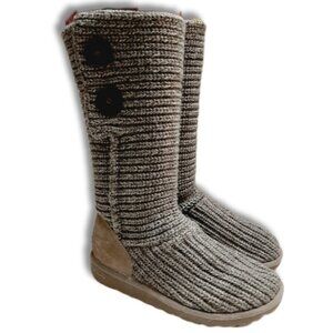 UGG Classic Cardy Boots 2-Button Tall / Fold-Over Knit Grey Sz 5
